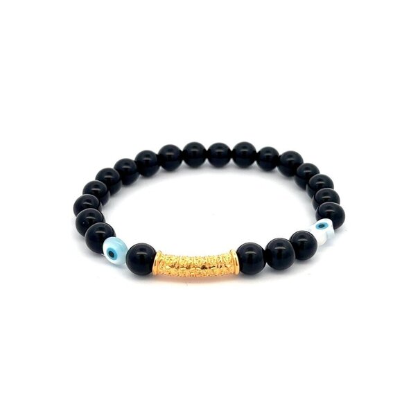 18K Gold Tube Lucky Charm Bracelet Gemstones Onyx 6mm Evil Eye. - Picture 1 of 5